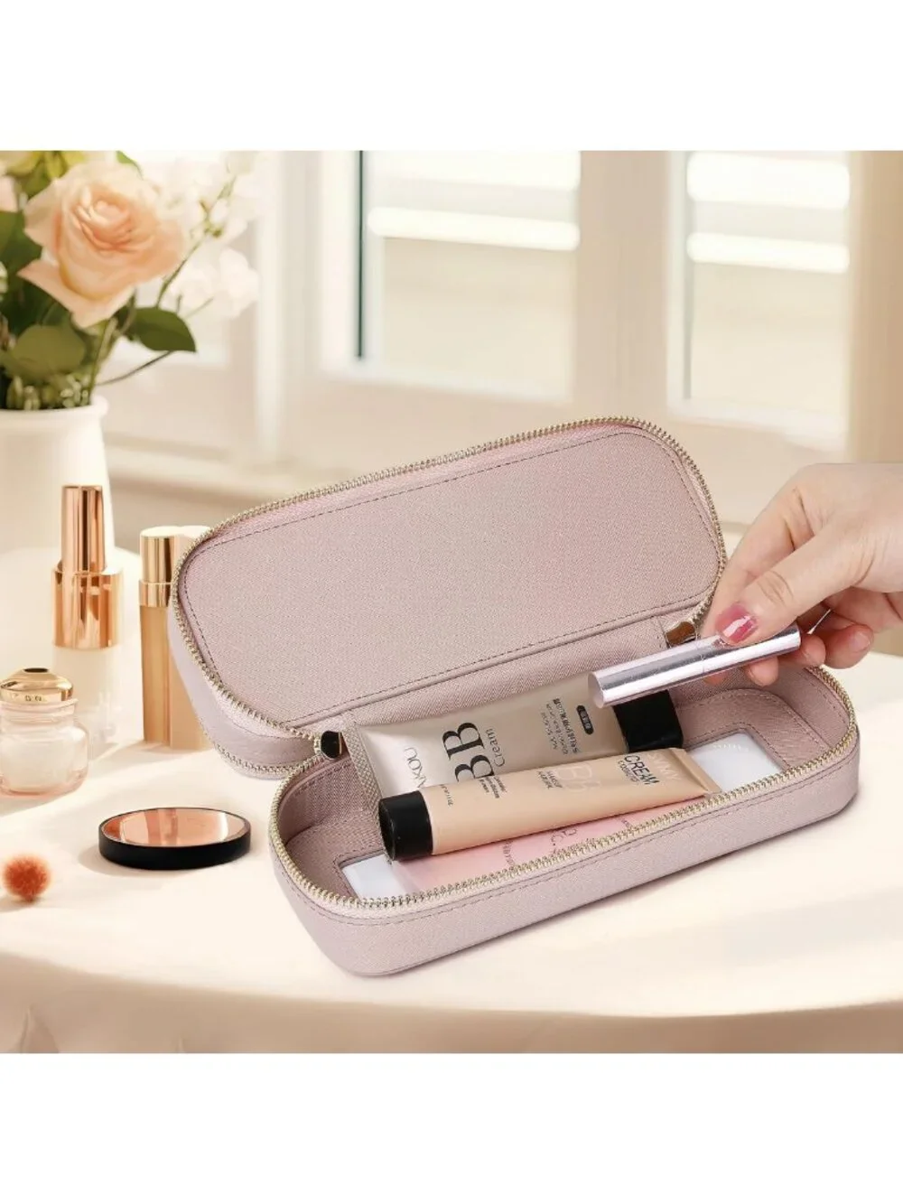 Stylish Pink Double Layer Makeup Bag | Waterproof Travel Cosmetic Organizer